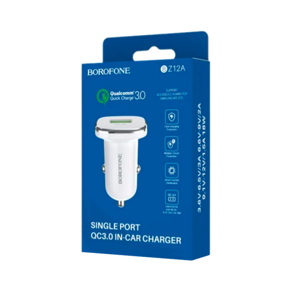 Автомобильное З/У Borofone BZ12A 1USB 3.0A QC3.0 белый (1/44/176)