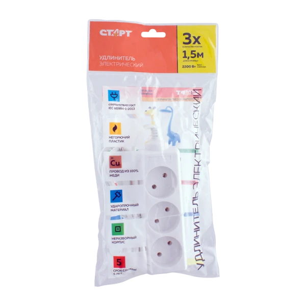 Удлинитель Старт S 3р.Б/З 10A 1.5м IP20 белый (1/20)