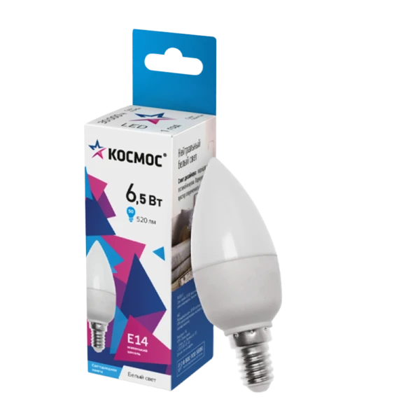 *Лампа светодиодная Космос CN E14 6.5W 4500К 220V свеча матовая (1/10/80) 