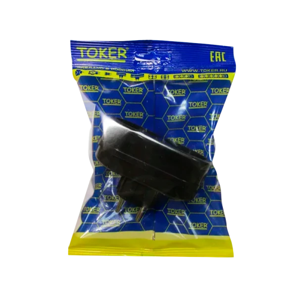 Разветвитель Toker 2Т 2р.Б/З в индивидуальной упаковке с подвесом черный (1/50)