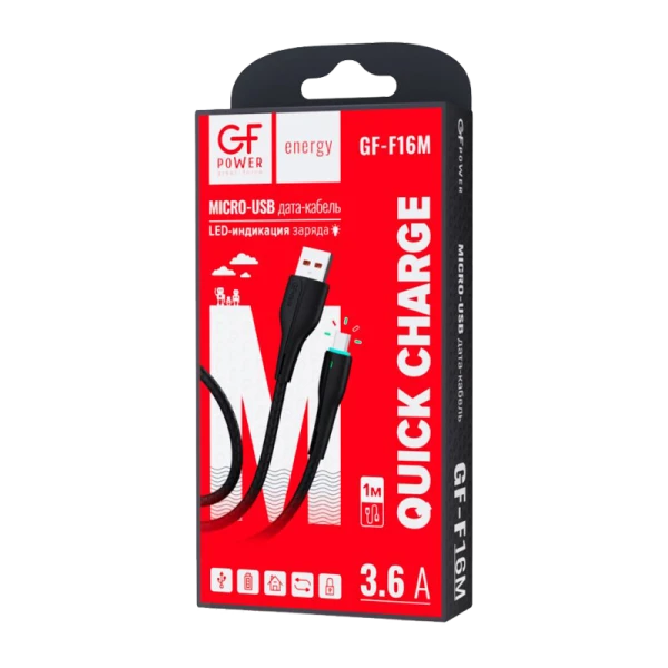 Кабель GFPower F16M USB (m)-microUSB (m) 1.0м 3.6A ПВХ индикация черный (1/120/480)