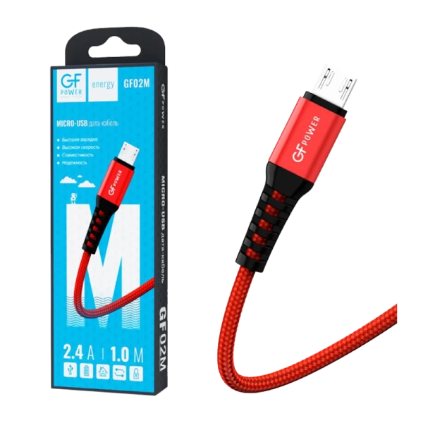 Кабель GFPower 02M USB (m)-microUSB (m) 1.0м 2.4A нейлон красный (1/200/800)