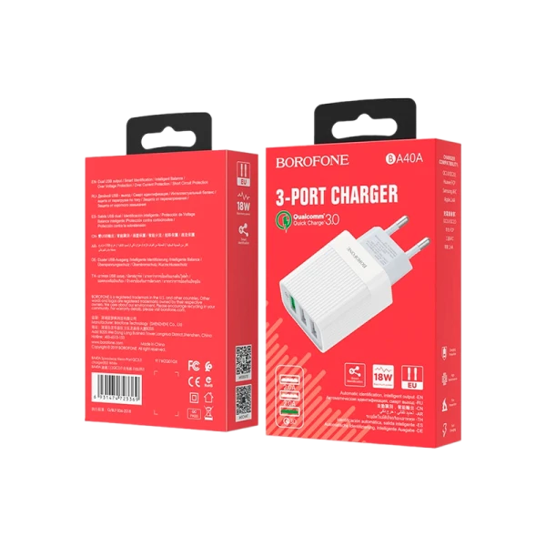 Сетевое З/У Borofone BA40A 3USB 3.0A QC3.0 белый (1/42/168)