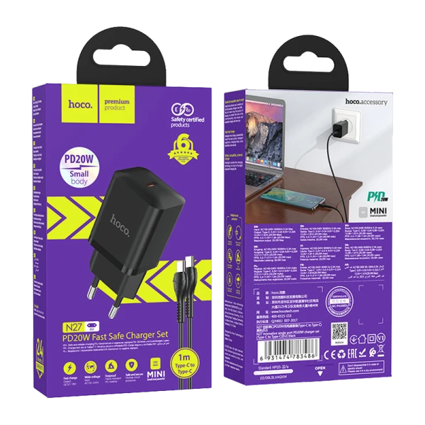 Сетевое З/У HOCO N27 Type-C 20W с кабелем Type-C-Type-C черный (1/13/130)