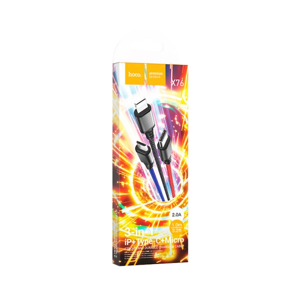 Кабель HOCO X76 USB (m)-2хType-C/Lightning/microUSB (m) 1.0м 2.0A нейлон ассорти (1/31/310)