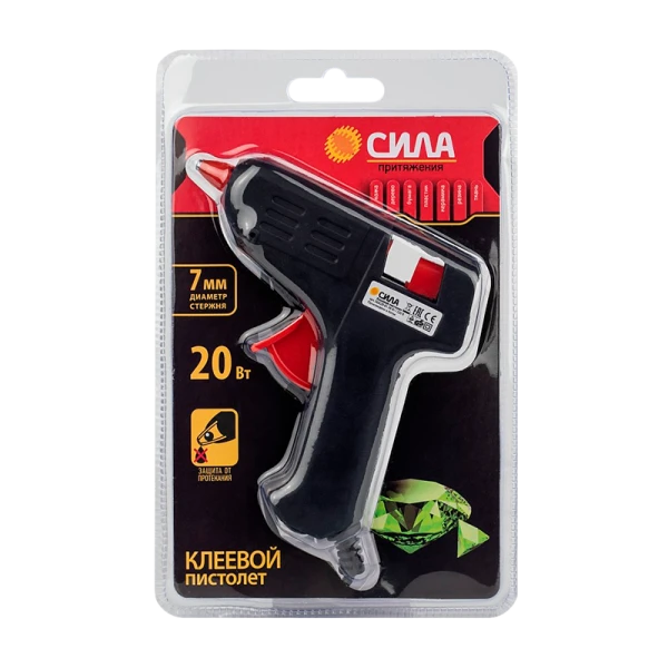 Клеевой пистолет СИЛА SGG20-01 20Вт под стержень 7 мм в комплекте 7мм х 10cм 2 шт