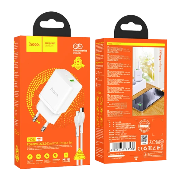 Сетевое З/У HOCO N28 1USB/Type-C 20W с кабелем Type-C-Lightning белый (1/13/130)