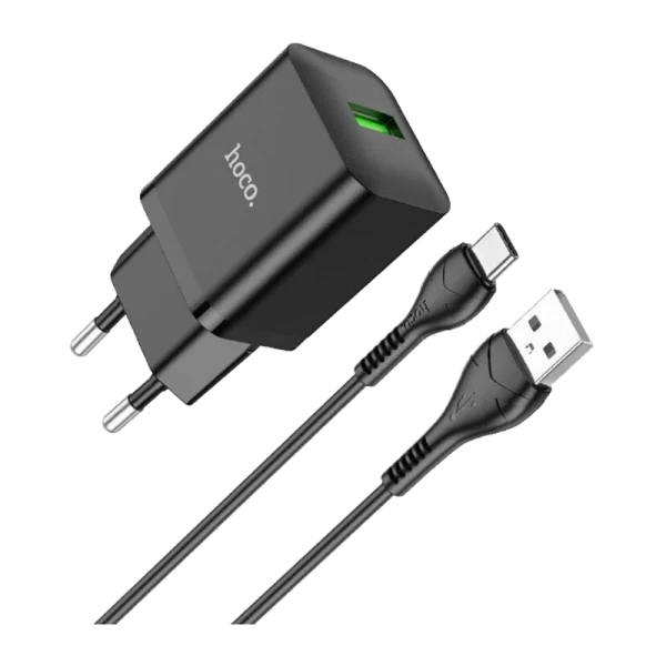 Сетевое З/У HOCO N26 1USB 18W QC3.0 с кабелем Type-C черный (1/13/130)