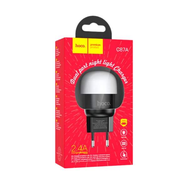 Сетевое З/У HOCO C87A 2USB 2.4A с ночником черный (1/8/80)