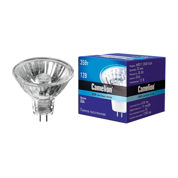 Лампа галогенная Camelion MR11 GU4 35W 2800К 12V софит 35мм прозрачная (1/10/200)