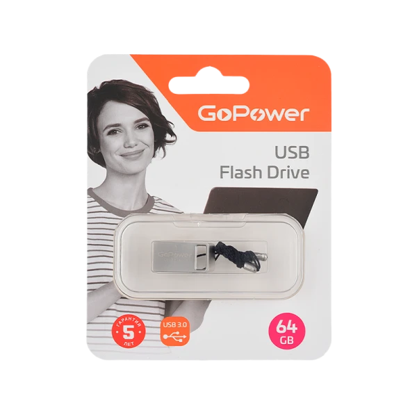 Флеш-накопитель GoPower MINI 64GB USB3.0 металл серебряный (1/50/1000)