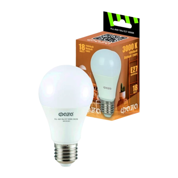 *Лампа светодиодная Фаzа A60 E27 18W 3000К 220-240V груша (1/10/100) 