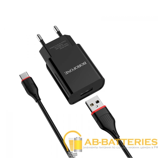 Сетевое З/У Borofone BA20A 1USB 2.1A с кабелем Type-C черный (1/48/192)