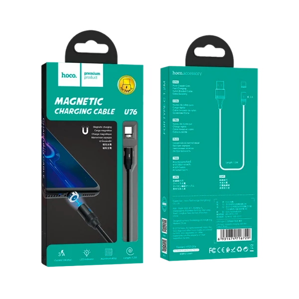 Кабель HOCO U76 USB (m)-Type-C (m) 1.2м 3.0A нейлон магнит черный (1/22/220)