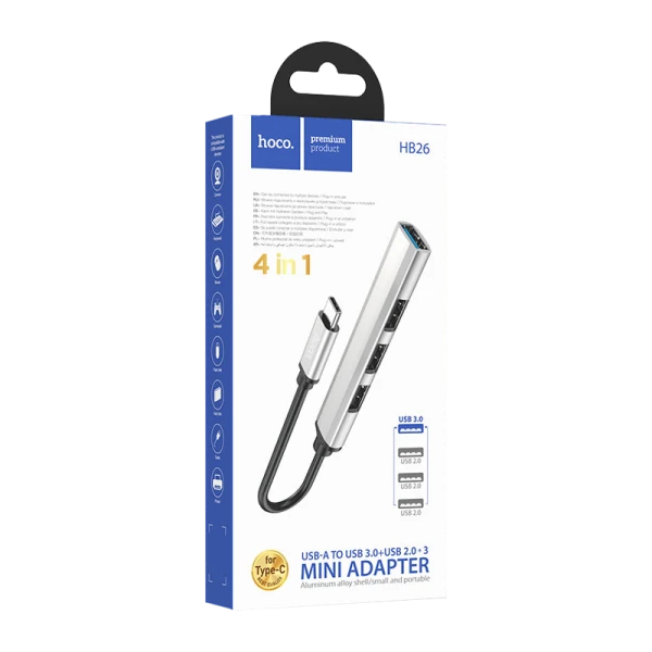 USB-Хаб HOCO HB26 4USB Type-C (m) USB3.0 серебряный (1/18/180)