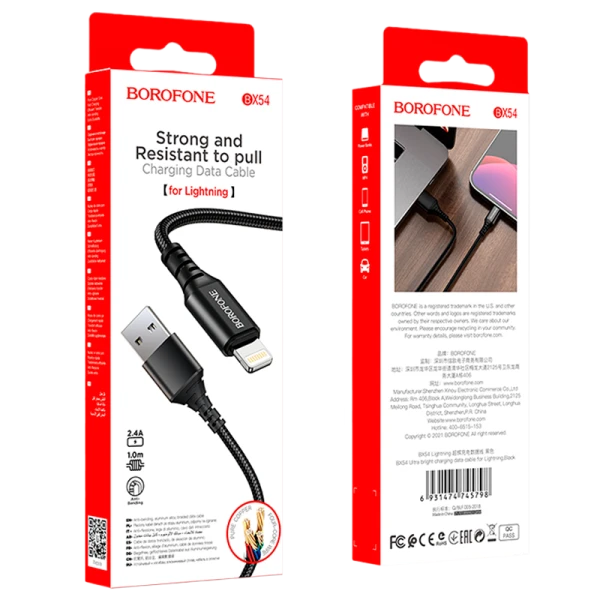 Кабель Borofone BX54 USB (m)-Lightning (m) 1.0м 2.4A нейлон черный (1/360)
