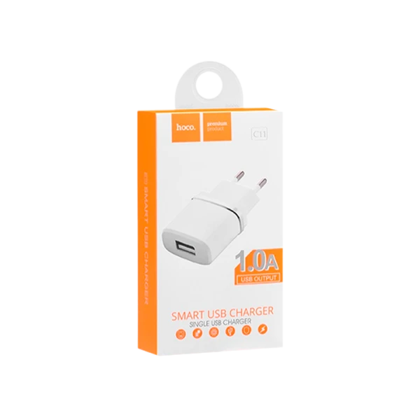 Сетевое З/У HOCO C11 1USB 1.0A с кабелем microUSB белый (1/10/100)