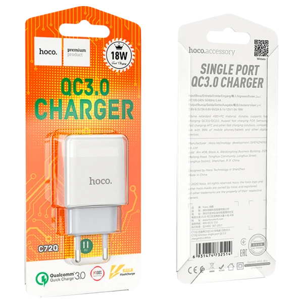 Сетевое З/У HOCO C72Q 1USB 2.4A 18W QC3.0 белый (1/36/216)