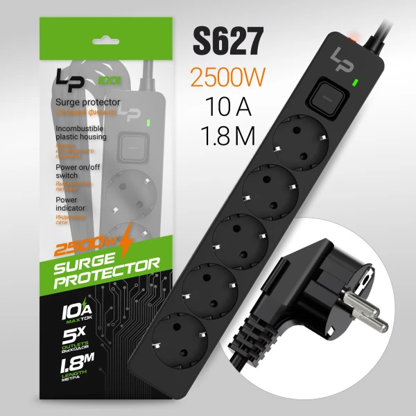 Сетевой фильтр Live Power LP1001 5р.С/З 10A с выкл. 1.8м черный (1/40)