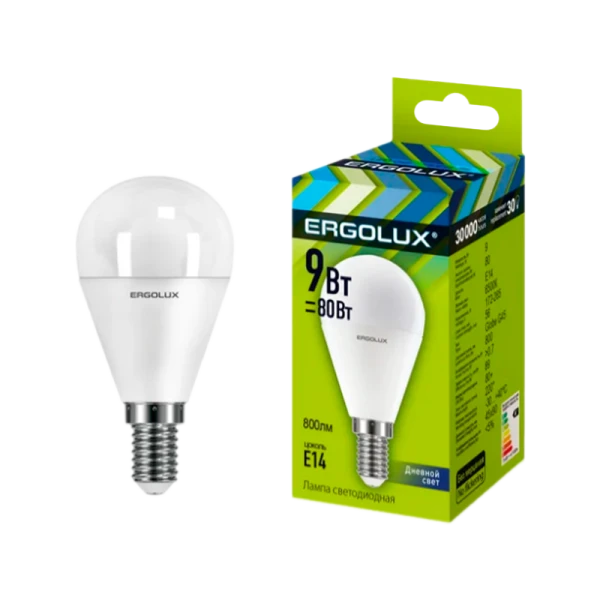 Лампа светодиодная Ergolux G45 E14 9W 6500К 172-265V шар (1/10/100)