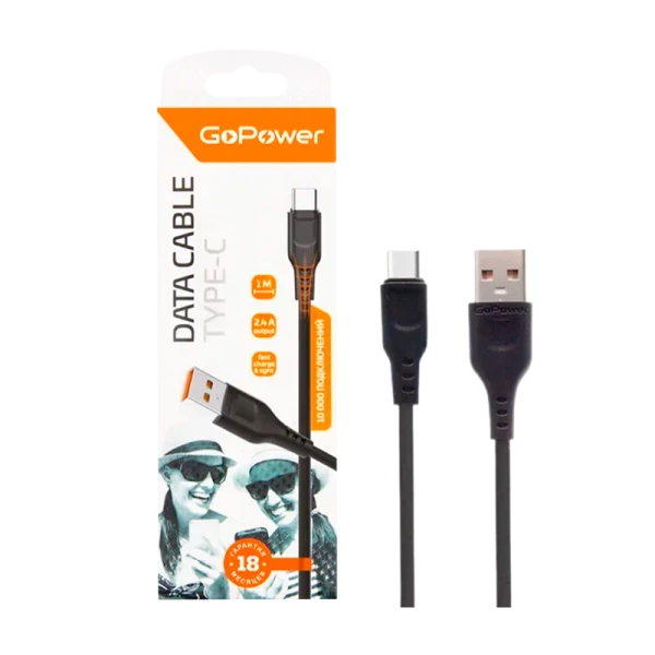 Кабель GoPower GP01T USB (m)-Type-C (m) 1.0м 2.4A ПВХ черный (1/200/800)