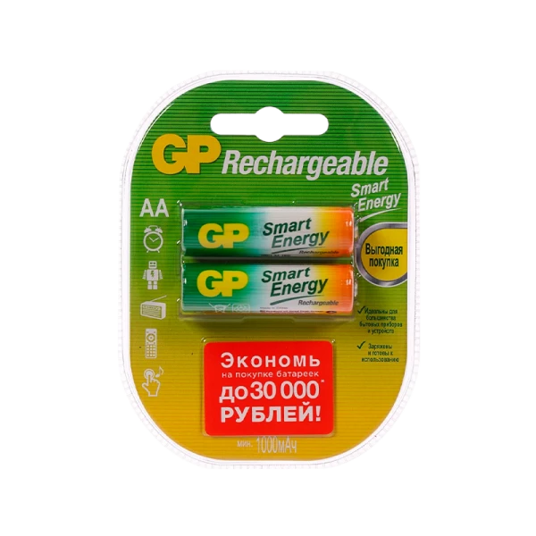Аккумулятор бытовой GP HR6 AA BL2 NI-MH Smart Energy 1000mAh в пластиковой упаковке (2/20/200) R