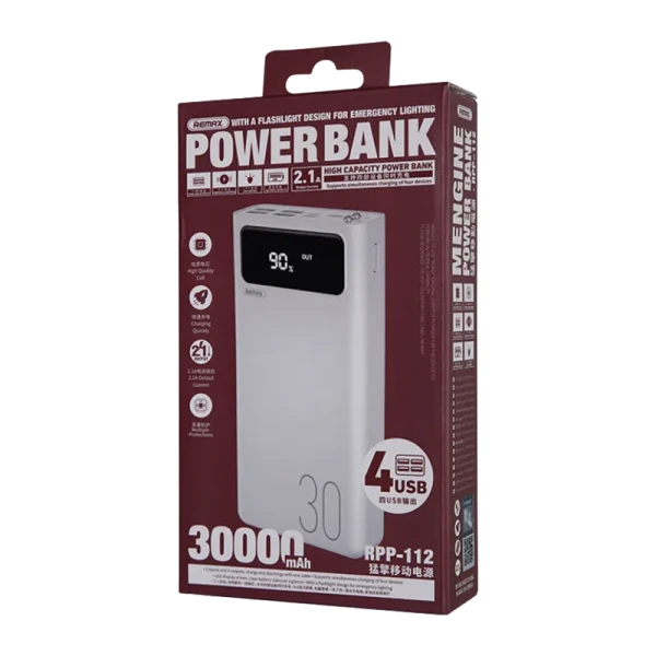 Внешний аккумулятор Remax RPP-112 30000mAh 2.0A 4USB/Lightning/Type-C белый (1/27)