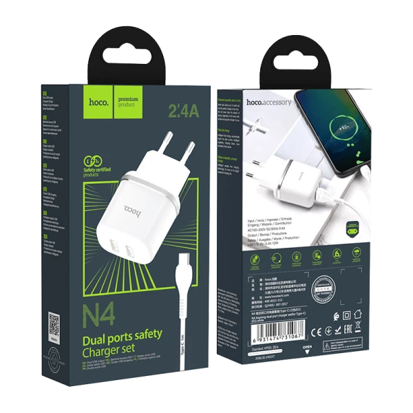 Сетевое З/У HOCO N4 2USB 2.4A с кабелем Type-C белый (1/12/120)