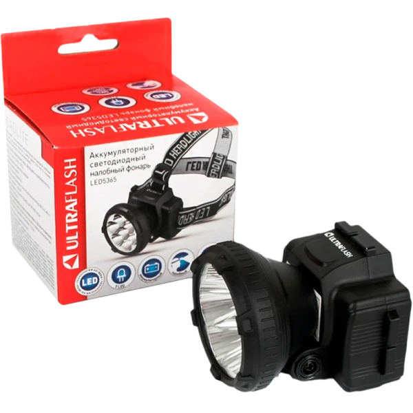 Фонарь налобный Ultraflash LED5365 0.6W 5LED от аккумулятора 2 режима черный (1/5/100)