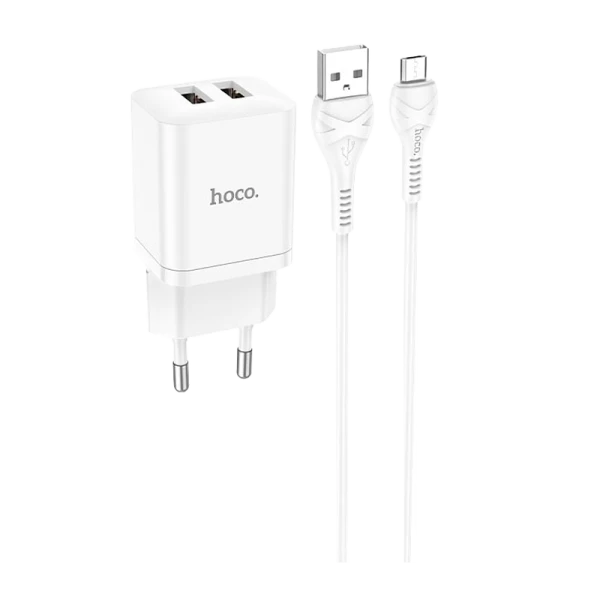 Сетевое З/У HOCO N25 2USB 2.1A с кабелем microUSB белый (1/13/130)