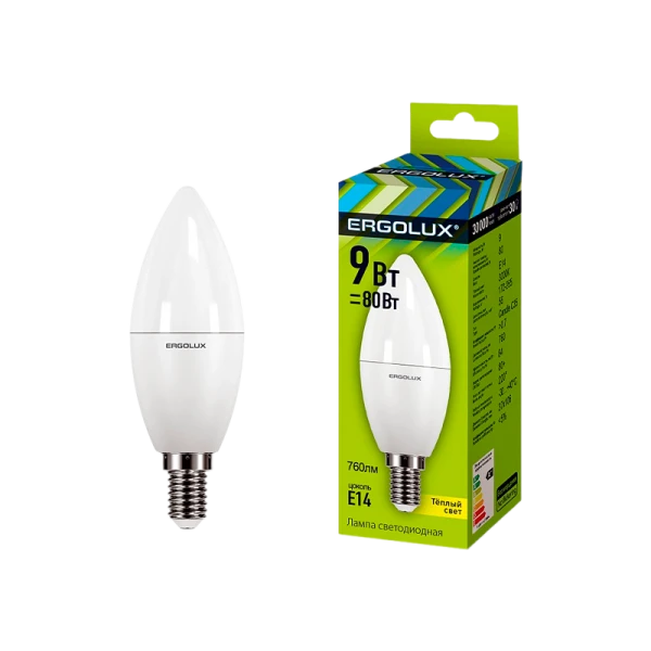Лампа светодиодная Ergolux C35 E14 9W 3000К 172-265V свеча