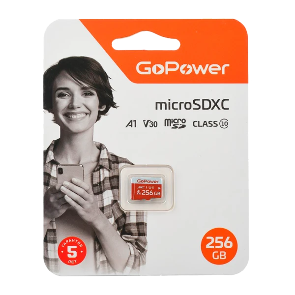 Карта памяти microSD GoPower 256GB Class10 UHS-I (U3) 100 МБ/сек V30 без адаптера