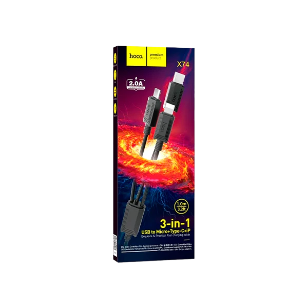 Кабель HOCO X74 USB (m)-2хType-C/Lightning/microUSB (m) 1.0м 2.0A ПВХ черный (1/31/310)