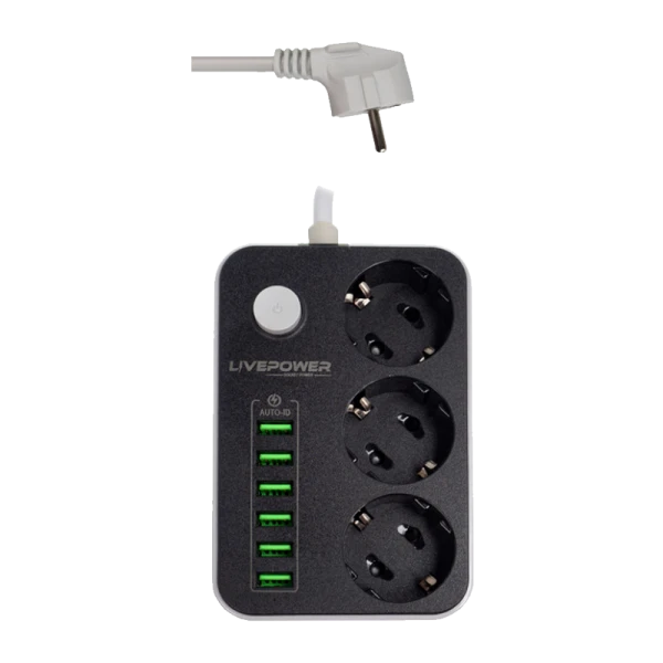 Сетевой фильтр Live Power LP3631 3р.С/З 10A 6USB с выкл. 2.0м черный (1/50)