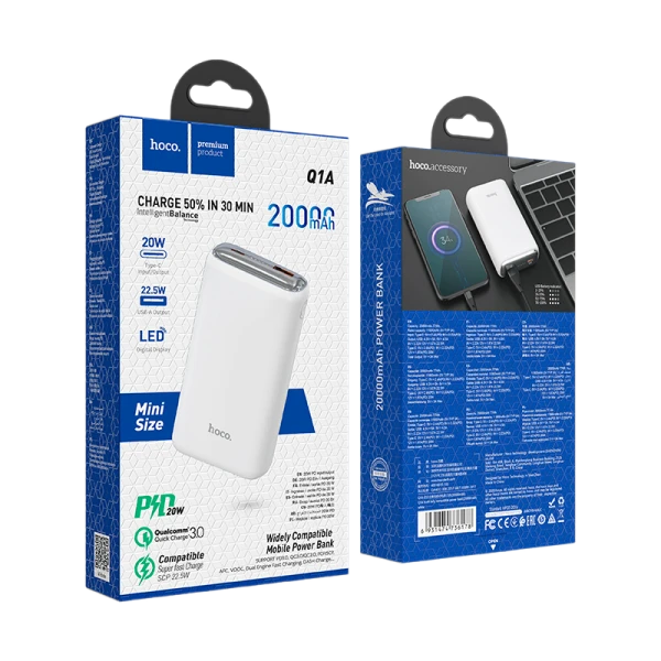 Внешний аккумулятор HOCO Q1A 20000mAh 3.0A 20W 1USB/Type-C PD3.0 белый (1/24)