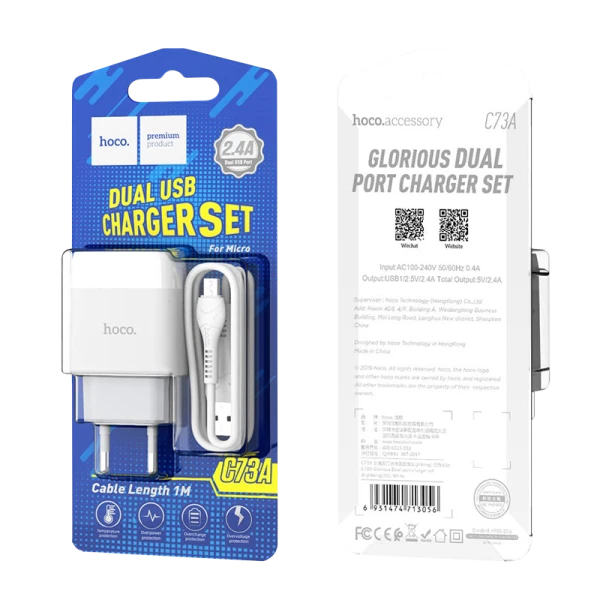 Сетевое З/У HOCO C73A 2USB 2.1A с кабелем microUSB белый (1/30/180)