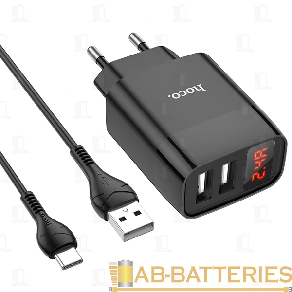 Сетевое З/У HOCO C86A 2USB 2.4A дисплей с кабелем Type-C черный (1/13/130)