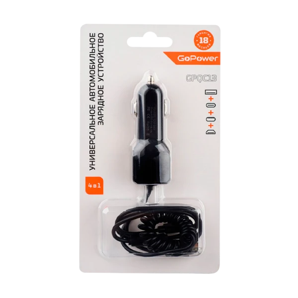 Автомобильное З/У GoPower GPQC13 1USB+Кабель MicroUSB/Lightning/Type-C черный (1/100)