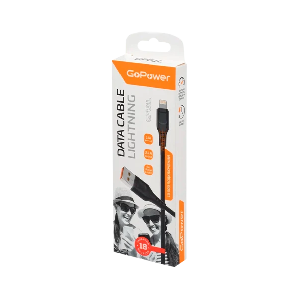 *Кабель GoPower GP01L USB (m)-Lightning (m) 1.0м 2.4A ПВХ черный (1/200/800) 