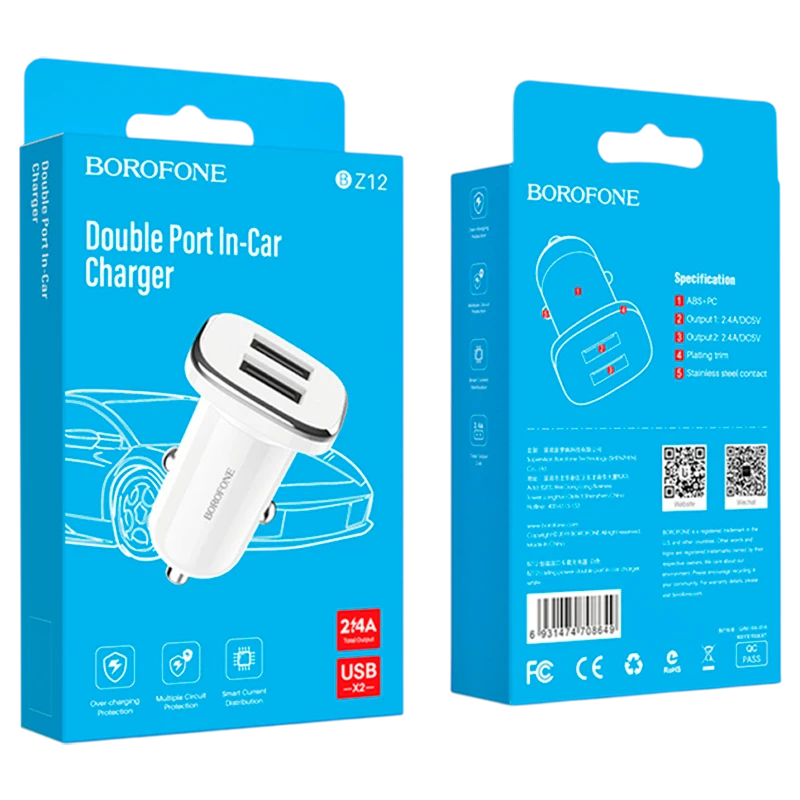Автомобильное З/У Borofone BZ12 2USB 2.4A белый (1/44/176)