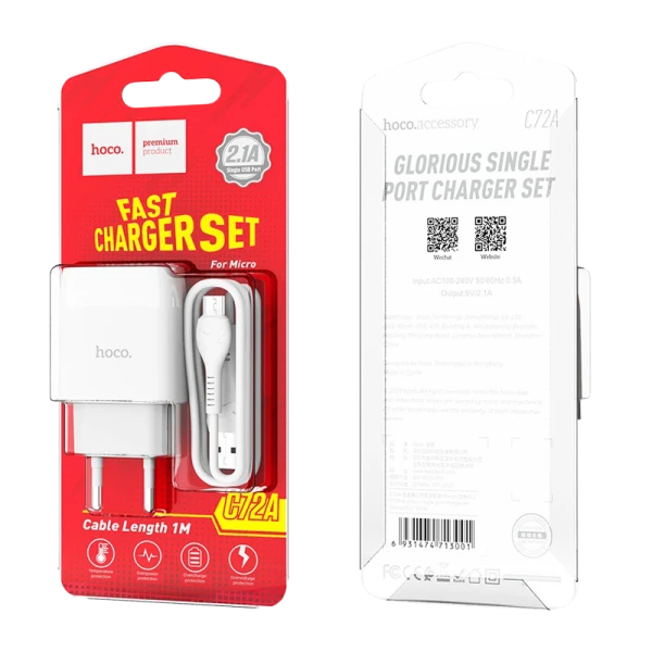 Сетевое З/У HOCO C72A 1USB 2.1A с кабелем microUSB белый (1/30/180)