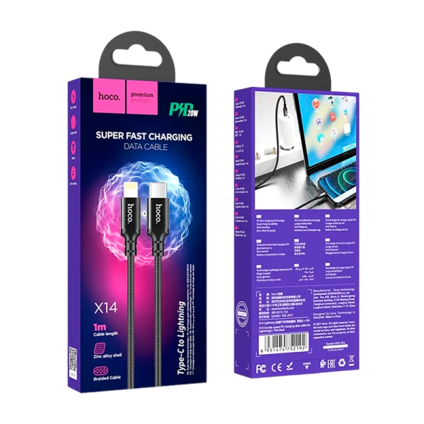 Кабель HOCO X14 Lightning (m)-Type-C (m) 1.0м 3.0A 20W нейлон черный (1/20/200)