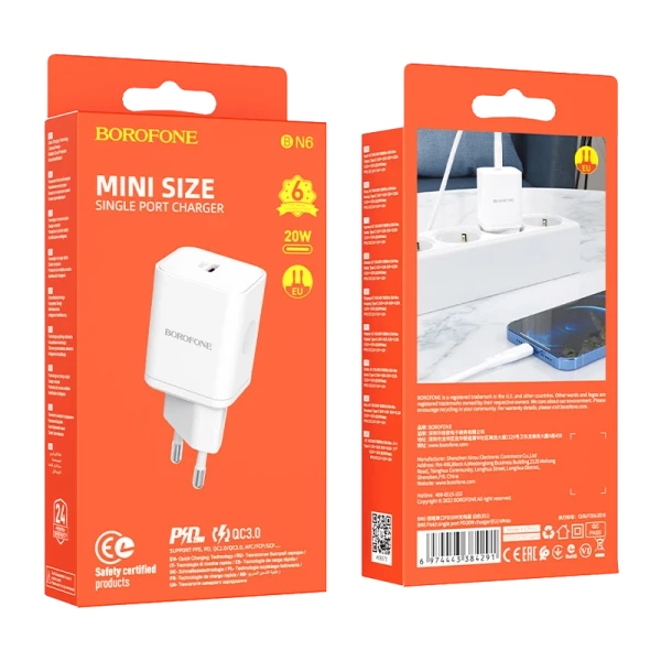 Сетевое З/У Borofone BN6 Type-C 3.0A 20W QC3.0 белый (1/140)
