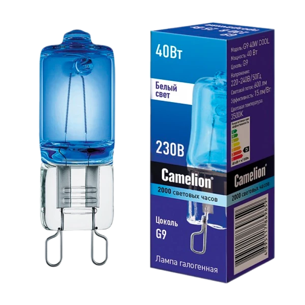 Лампа галогенная Camelion G9 40W 3500К 220-240V капсула прозрачная (1/5/100)