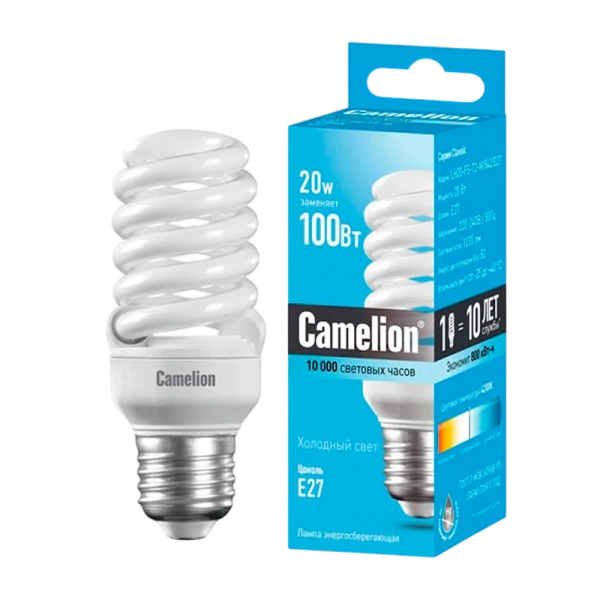 Лампа энергосберегающая Camelion T2 E27 20W 4200К 220-240V спираль (1/5/25/100)