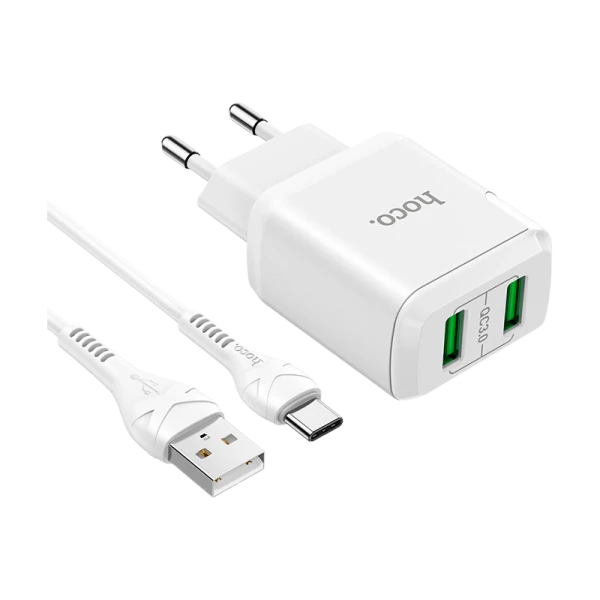 Сетевое З/У HOCO N6 2USB 3.0A QC3.0 с кабелем Type-C белый (1/12/120)