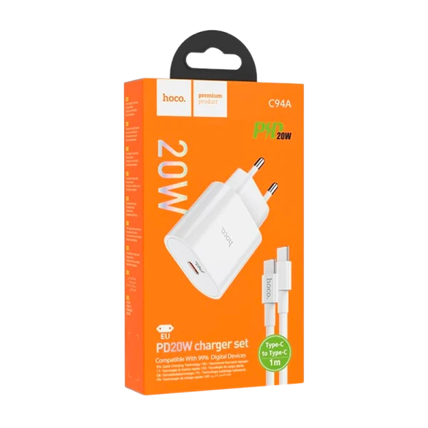 Сетевое З/У HOCO C94A Type-C 20W с кабелем Type-C-Type-C белый (1/13/130)