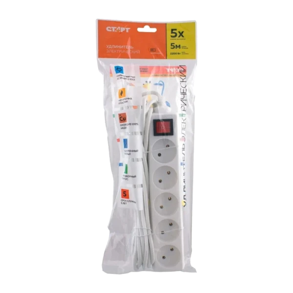 Удлинитель Старт S 5р.Б/З 10A 5.0м с выкл. белый