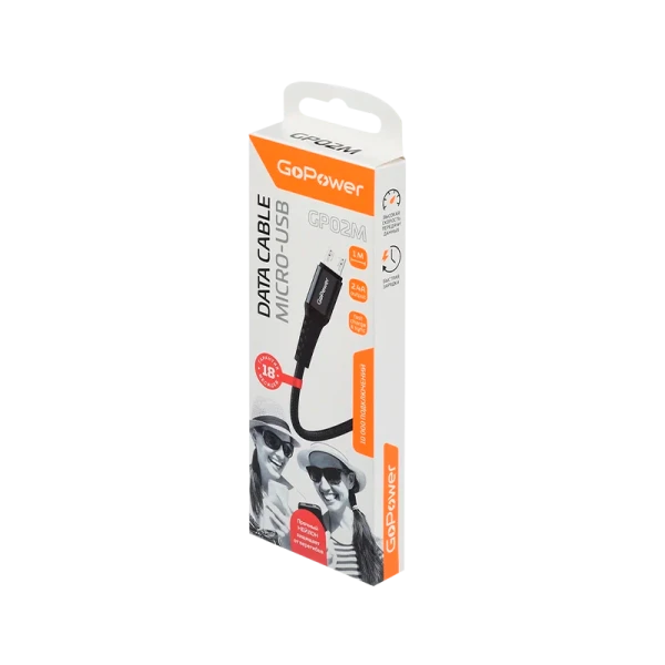 *Кабель GoPower GP02M USB (m)-microUSB (m) 1.0м 2.4A нейлон черный (1/200/800) 