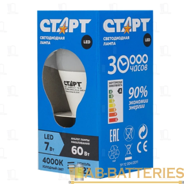 Лампа светодиодная Старт E27 7W 4000К 220-240V шар Eco матовая (1/10/100)